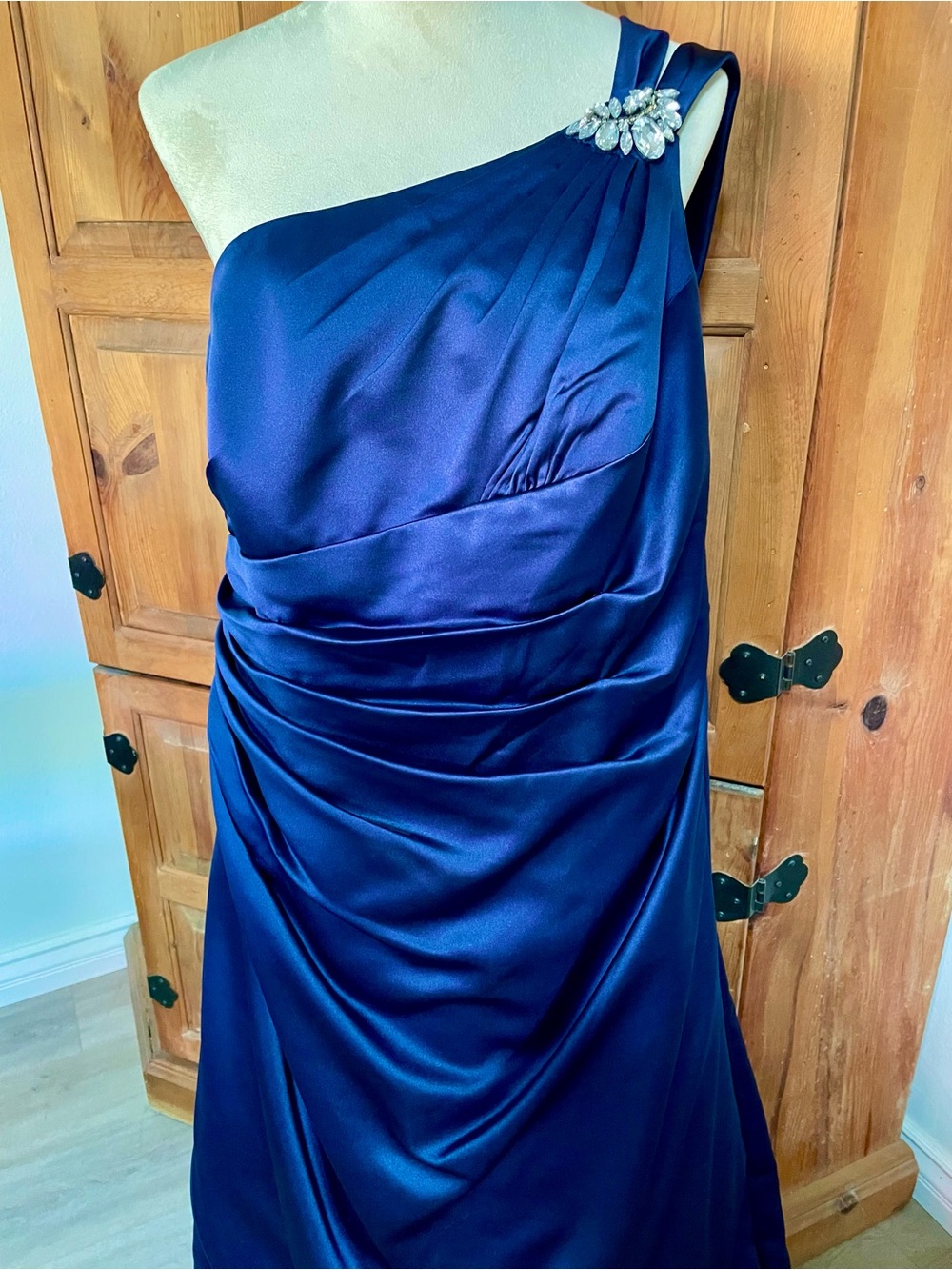 David's Bridal Navy One-Shoulder Satin Gown with Brooch Accent